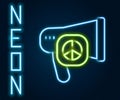 Glowing neon line Peace icon isolated on black background. Hippie symbol of peace. Colorful outline concept. Vector