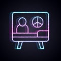 Glowing neon line Peace icon isolated on black background. Hippie symbol of peace. Vector