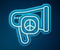 Glowing neon line Peace icon isolated on blue background. Hippie symbol of peace. Vector