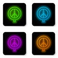 Glowing neon line Peace icon isolated on white background. Hippie symbol of peace. Black square button. Vector Royalty Free Stock Photo