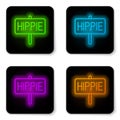 Glowing neon line Peace icon isolated on white background. Hippie symbol of peace. Black square button. Vector Royalty Free Stock Photo