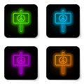 Glowing neon line Peace icon isolated on white background. Hippie symbol of peace. Black square button. Vector Royalty Free Stock Photo