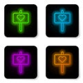 Glowing neon line Peace icon isolated on white background. Hippie symbol of peace. Black square button. Vector Royalty Free Stock Photo
