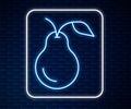 Glowing neon line Pear icon isolated on brick wall background. Fruit with leaf symbol. Vector