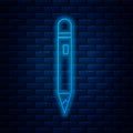 Glowing neon line Pencil with eraser icon isolated on brick wall background. Drawing and educational tools. School Royalty Free Stock Photo