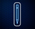 Glowing neon line Pencil with eraser icon isolated on brick wall background. Drawing and educational tools. School Royalty Free Stock Photo