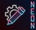 Glowing neon line Pencil and gear icon isolated on black background. Creative development. Blogging or copywriting
