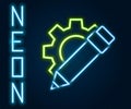 Glowing neon line Pencil and gear icon isolated on black background. Creative development. Blogging or copywriting