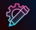 Glowing neon line Pencil and gear icon isolated on black background. Creative development. Blogging or copywriting