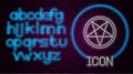 Glowing neon line Pentagram in a circle icon isolated on brick wall background. Magic occult star symbol. Neon light