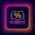 Glowing neon line Percent discount and laptop icon isolated on black background. Sale percentage - price label, tag Royalty Free Stock Photo