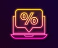 Glowing neon line Percent discount and laptop icon isolated on black background. Sale percentage - price label, tag Royalty Free Stock Photo