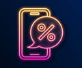 Glowing neon line Percent discount on mobile phone icon isolated on black background. Sale percentage - price label, tag