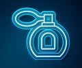 Glowing neon line Perfume icon isolated on blue background. Vector