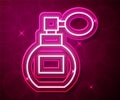 Glowing neon line Perfume icon isolated on red background. Vector