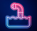 Glowing neon line Periscope in the waves above the water icon isolated on blue background. Vector Royalty Free Stock Photo