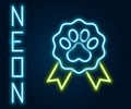 Glowing neon line Pet award symbol icon isolated on black background. Badge with dog or cat paw print and ribbons. Medal Royalty Free Stock Photo