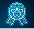 Glowing neon line Pet award symbol icon isolated on blue background. Badge with dog or cat paw print and ribbons. Medal Royalty Free Stock Photo