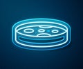 Glowing neon line Petri dish with bacteria icon isolated on blue background. Vector