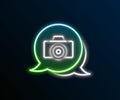 Glowing neon line Photo camera icon isolated on black background. Foto camera. Digital photography. Colorful outline