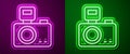 Glowing neon line Photo camera with lighting flash icon isolated on purple and green background. Foto camera. Digital Royalty Free Stock Photo