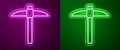 Glowing neon line Pickaxe icon isolated on purple and green background. Blockchain technology, cryptocurrency mining Royalty Free Stock Photo