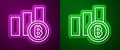 Glowing neon line Pie chart infographic bitcoin icon isolated on purple and green background. Diagram chart sign. Vector Royalty Free Stock Photo