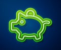 Glowing neon line Piggy bank icon isolated on blue background. Icon saving or accumulation of money, investment. Vector Royalty Free Stock Photo