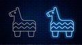 Glowing neon line Pinata icon isolated on brick wall background. Mexican traditional birthday toy. Vector
