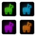 Glowing neon line Pinata icon isolated on white background. Mexican traditional birthday toy. Black square button