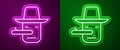 Glowing neon line Pinocchio icon isolated on purple and green background. Vector