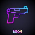 Glowing neon line Pistol or gun icon isolated on black background. Police or military handgun. Small firearm. Vector