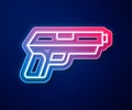 Glowing neon line Pistol or gun icon isolated on blue background. Police or military handgun. Small firearm. Vector