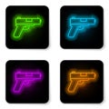 Glowing neon line Pistol or gun icon isolated on white background. Police or military handgun. Small firearm. Black