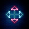 Glowing neon line Pixel arrows in four directions icon isolated on brick wall background. Cursor move sign. Colorful