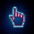 Glowing neon line Pixel hand cursor icon isolated on brick wall background. Pointer hand cursor. Colorful outline Royalty Free Stock Photo