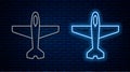 Glowing neon line Plane icon isolated on brick wall background. Flying airplane icon. Airliner sign. Vector Royalty Free Stock Photo