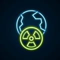 Glowing neon line Planet earth and radiation symbol icon isolated on black background. Environmental concept. Colorful Royalty Free Stock Photo