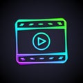 Glowing neon line Play Video icon isolated on black background. Film strip sign. Vector