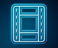Glowing neon line Play Video icon isolated on blue background. Film strip sign. Vector
