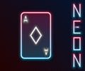 Glowing neon line Playing card with diamonds symbol icon isolated on black background. Casino gambling. Colorful outline