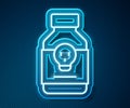 Glowing neon line Poisoned pill icon isolated on blue background. Pill with toxin. Dangerous drug. Vector