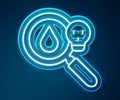 Glowing neon line Poisonous research magnifying glass icon isolated on blue background. Vector