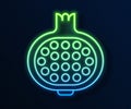 Glowing neon line Pomegranate icon isolated on blue background. Garnet fruit. Vector