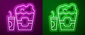 Glowing neon line Popcorn in cardboard box and paper glass with drinking straw and water icon isolated on purple and