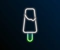 Glowing neon line Popsicle ice cream on wooden stick icon isolated on black background. Colorful outline concept. Vector Royalty Free Stock Photo