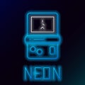 Glowing neon line Portable tetris electronic game icon isolated on black background. Vintage style pocket brick game