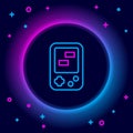 Glowing neon line Portable tetris electronic game icon isolated on black background. Vintage style pocket brick game