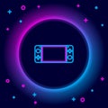 Glowing neon line Portable video game console icon isolated on black background. Gamepad sign. Gaming concept. Colorful
