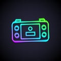 Glowing neon line Portable video game console icon isolated on black background. Handheld console gaming. Vector